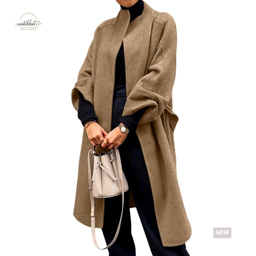 Oversized Wool Blend Pea Coat with Belt, Long Sleeve Winter Overcoat